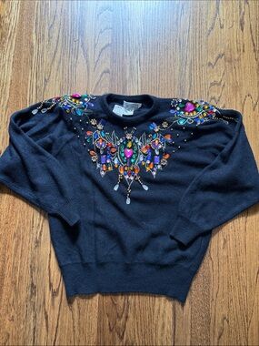 Vivien Forest Embellished Black Sweater with Multicolor Jewels